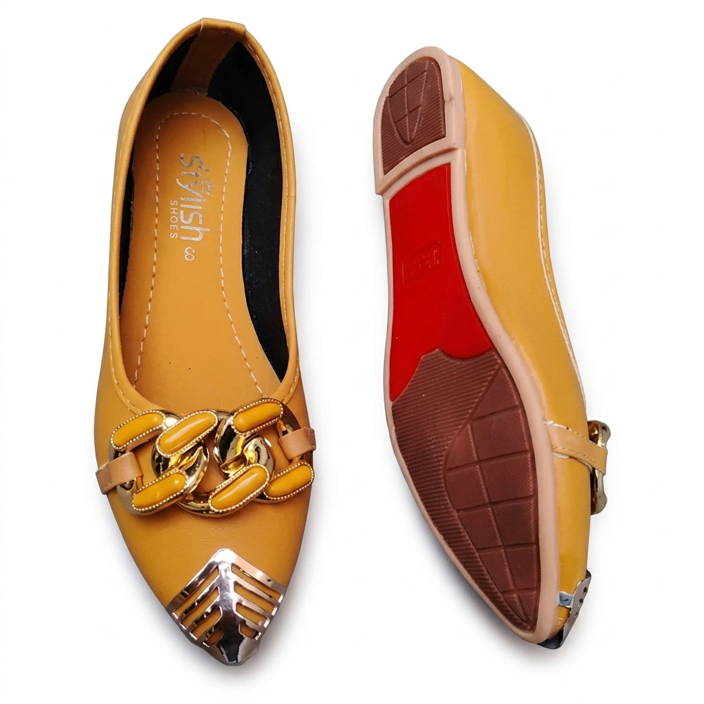 Women's  Synthetic Leather Flat Pumps with Golden color Chain Detail