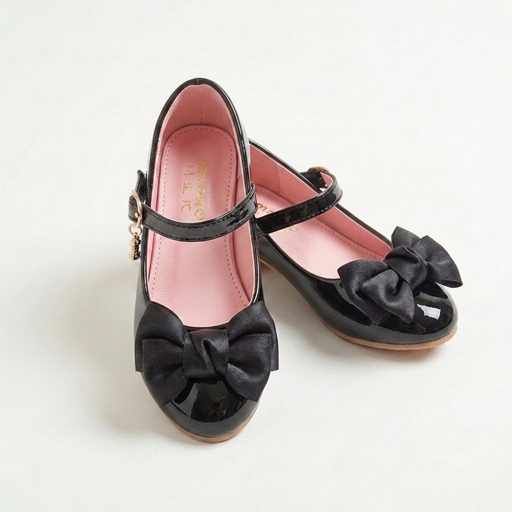 Princess Bow Locket Shoes for Girls Black Leather